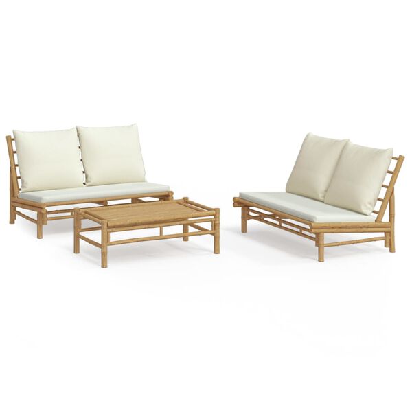 vidaXL 3 pcs conjunto lounge de jardim bambu c/ almofad&otilde;es branco nata