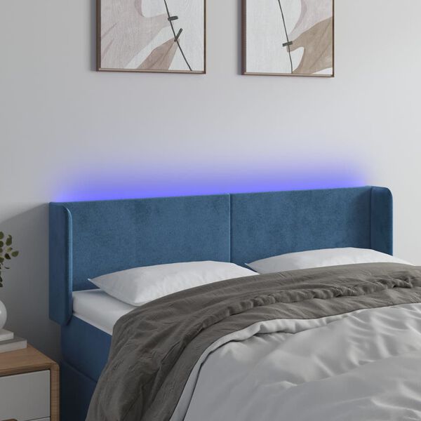vidaXL Cabeceira cama c/ luzes LED veludo 147x16x78/88 cm azul-escuro