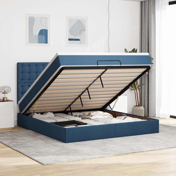 vidaXL Estrutura de cama otomana com colch&atilde;o 160x200 cm tecido azul