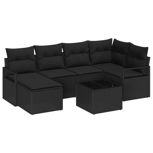 vidaXL Conjunto de Sof&aacute;s com almofada 7 pcs Preto vime PE