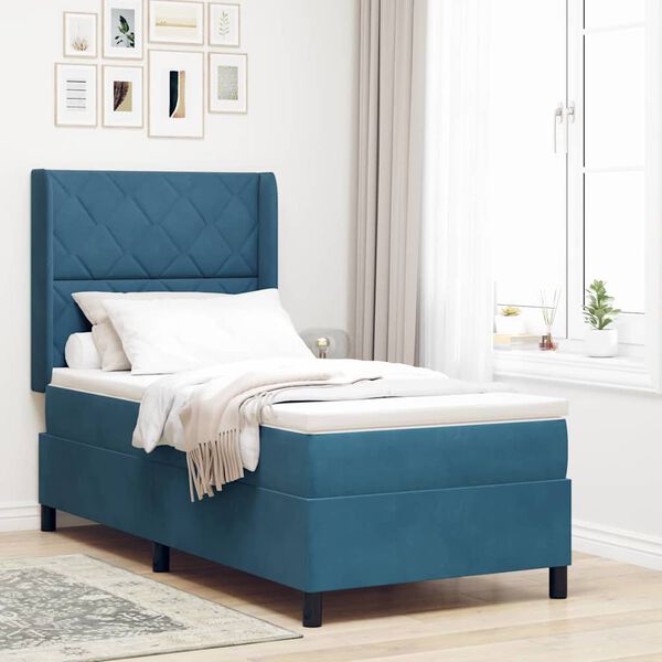 vidaXL Cama Box com colch&atilde;o com cabeceira Azul 90 x 200 cm Veludo