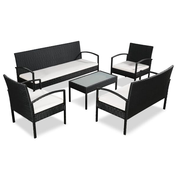 vidaXL 5 pcs conjunto lounge de jardim c/ almofad&otilde;es vime PE preto