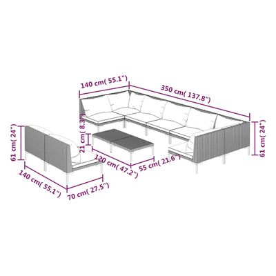 vidaXL 10 pcs conj. lounge jardim c/ almofadões vime PE cinza-escuro