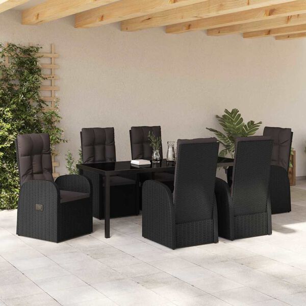 vidaXL Conjunto de Jantar para Jardim com almofada 7 pcs Preto vime PE