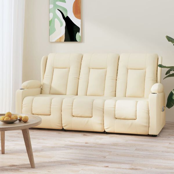 vidaXL Poltrona massagens 3 lug. reclinável sup. copo couro art. creme