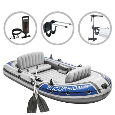 Intex Conj. barco insuflável Excursion 4 c/ motor de corrico e suporte