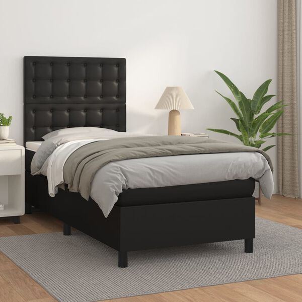 vidaXL Cama com molas/colchão 100x200 cm couro artificial preto