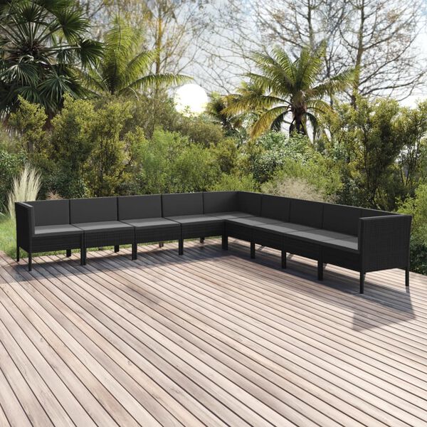 vidaXL 9 pcs conjunto lounge de jardim c/ almofad&otilde;es vime PE preto