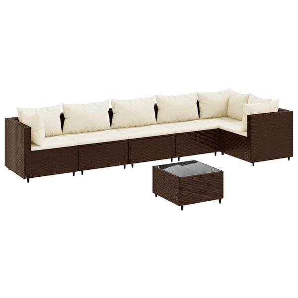 vidaXL 7 pcs conjunto lounge de jardim c/ almofadões vime PE castanho