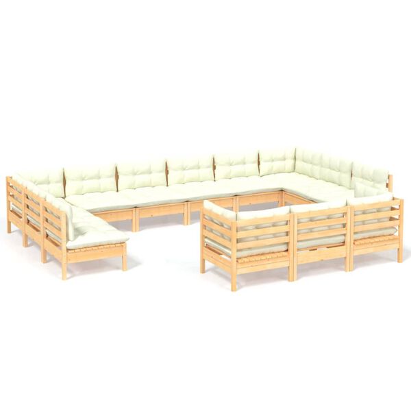 vidaXL 13 pcs conjunto lounge jardim c/ almofadões cor creme pinho