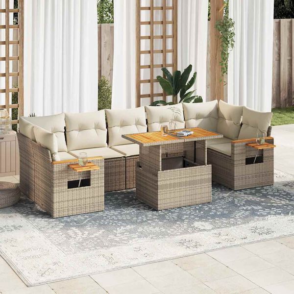 vidaXL 8 pcs conjunto sof&aacute;s jardim com almofad&otilde;es vime PE/ac&aacute;cia bege