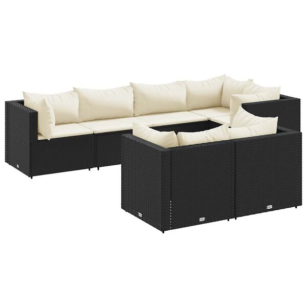 vidaXL 7 pcs conjunto lounge de jardim c/ almofad&otilde;es vime PE preto
