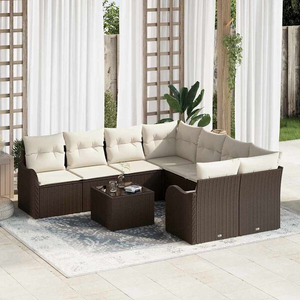 vidaXL Conjunto de Sof&aacute; de Jardim com almofada 9 pcs Marrom e Creme