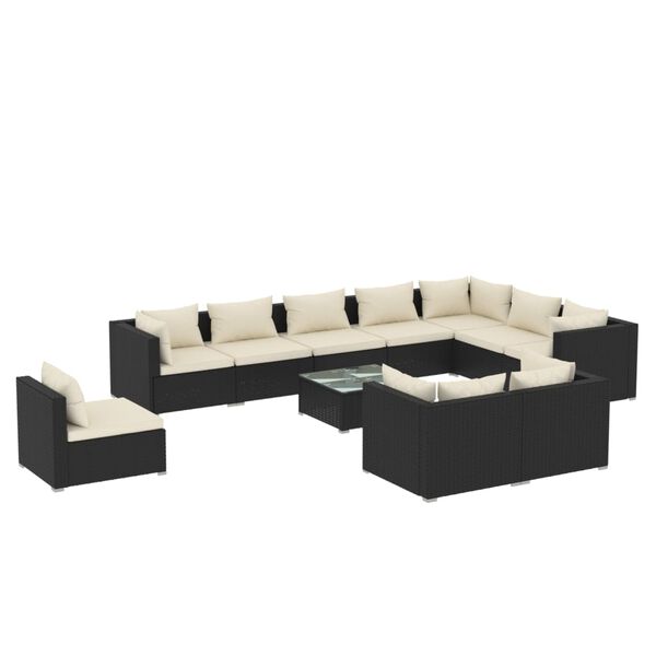 vidaXL 11 pcs conjunto lounge de jardim c/ almofad&otilde;es vime PE preto