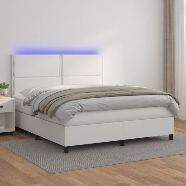 vidaXL Cama box spring c/colch&atilde;o/LED 160x200cm couro artificial branco