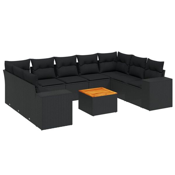 vidaXL 10 pcs conjunto sofás de jardim c/ almofadões vime PE preto