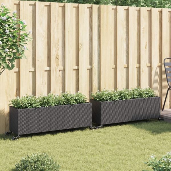 vidaXL Canteiro jardim c/ rodas 2pcs 107x32x38cm vime PE preto