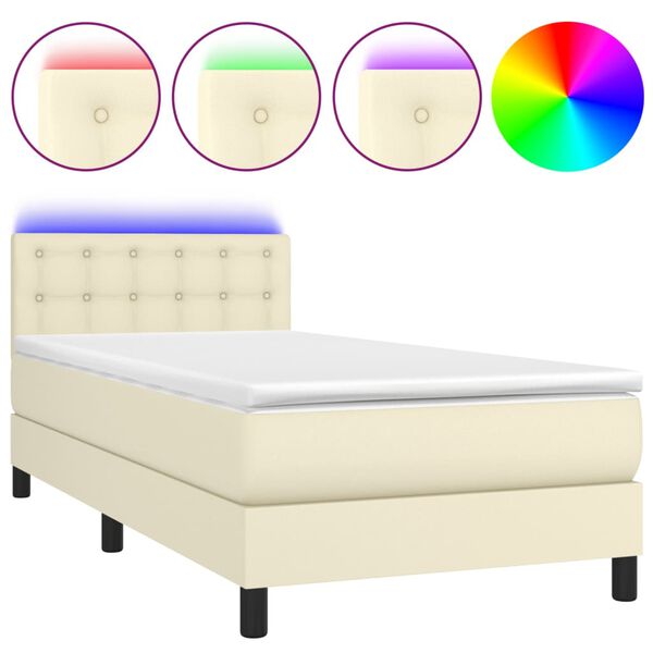 vidaXL Cama box spring c/ colch&atilde;o/LED 90x190 cm couro artificial creme