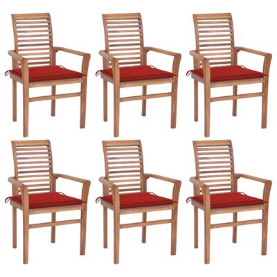 vidaXL Cadeiras de jantar c/ almofadões vermelhos 6 pcs teca maciça