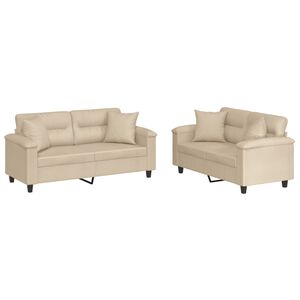 vidaXL 2 pcs conjunto sof&aacute;s c/ almofadas tecido microfibra cor creme