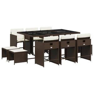 vidaXL 11 pcs conjunto jantar p/ jardim c/ almofad&otilde;es vime PE castanho