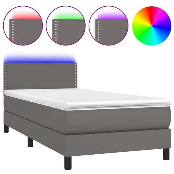 vidaXL Cama box spring c/ colch&atilde;o/LED 100x200cm couro artificial cinza