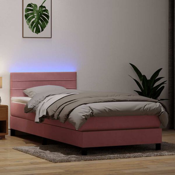 vidaXL Cama box spring c/ colch&atilde;o e LED 100x210 cm veludo rosa
