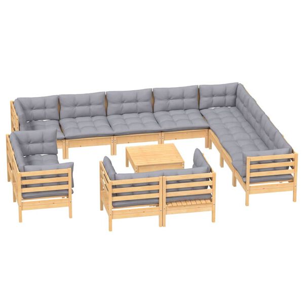vidaXL 13pcs conjunto lounge de jardim + almofad&otilde;es cinza pinho maci&ccedil;o