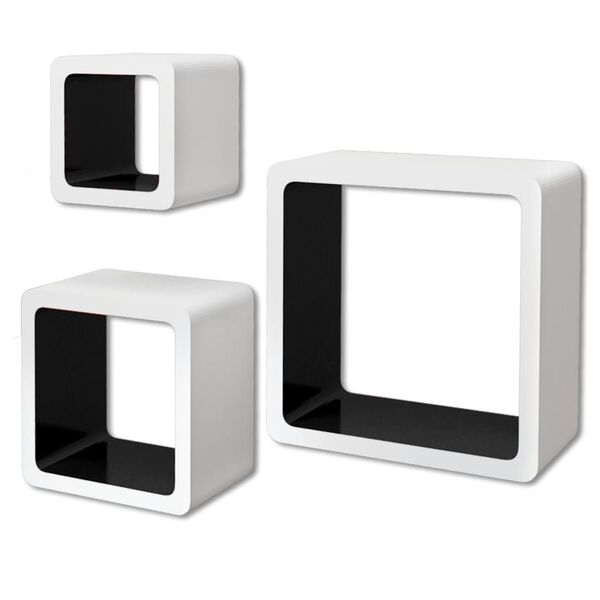 Conjunto 3 prateleiras de parede em forma de cubo MDF branco/preto