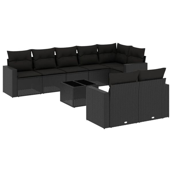 vidaXL 9 pcs conjunto de sof&aacute;s p/ jardim c/ almofad&otilde;es vime PE preto