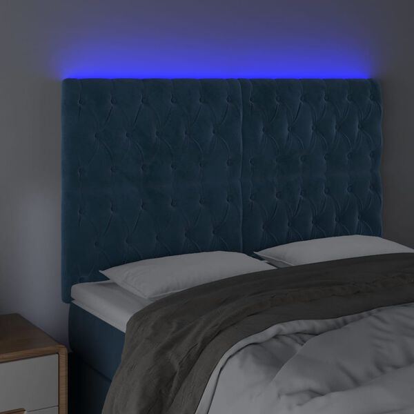 vidaXL Cabeceira cama c/ luzes LED veludo 144x7x118/128cm azul-escuro