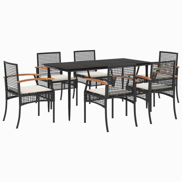 vidaXL 7 pcs conjunto de jantar p/ jardim c/ almofad&otilde;es vime PE preto