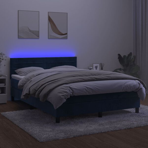 vidaXL Cama box spring c/ colch&atilde;o/LED 140x200 cm veludo azul-escuro