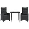 vidaXL 3 pcs conjunto de jantar p/ jardim c/ almofad&otilde;es vime PE preto
