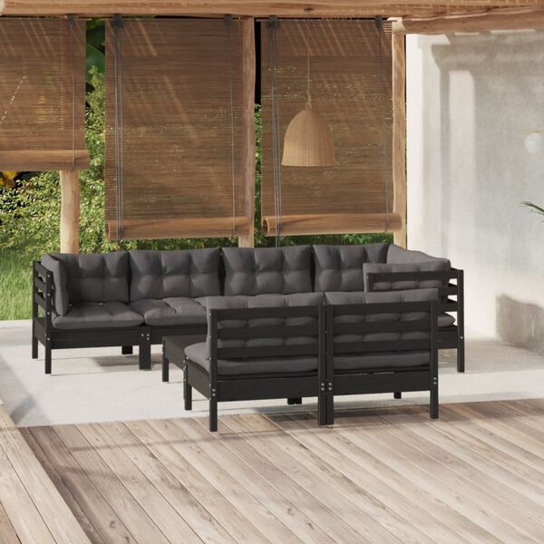 vidaXL 8 pcs conjunto lounge jardim c/ almofad&otilde;es pinho maci&ccedil;o preto