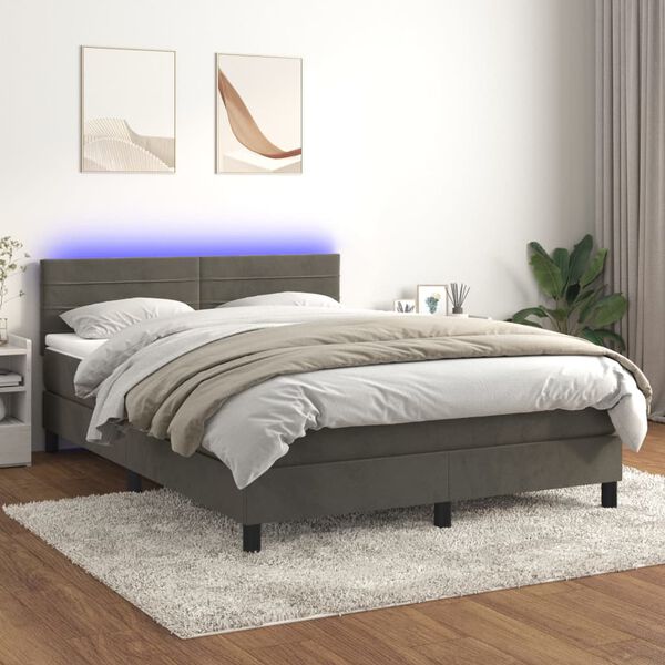 vidaXL Cama box spring c/ colch&atilde;o/LED 140x200cm veludo cinzento-escuro