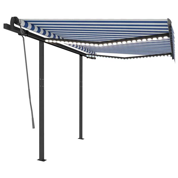 vidaXL Toldo retr&aacute;til manual com LED 3,5x2,5 m azul e branco