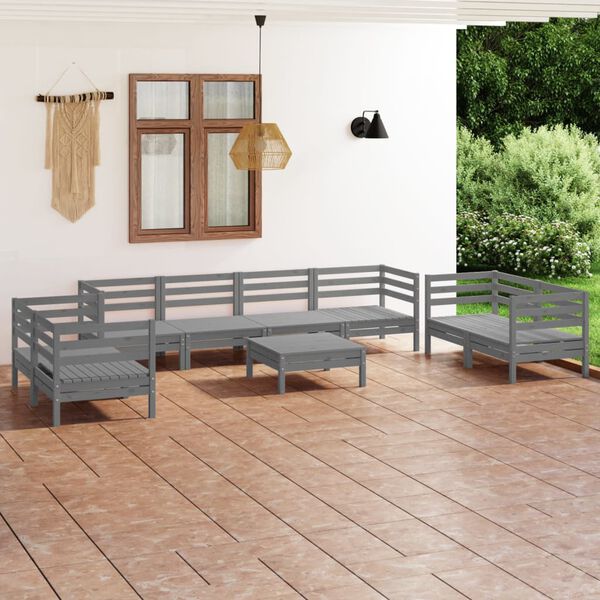 vidaXL 9 pcs conjunto lounge de jardim pinho maci&ccedil;o cinzento