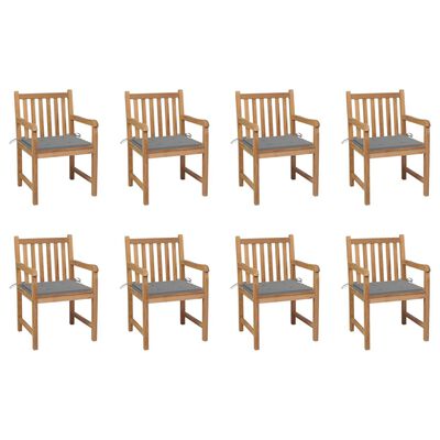 vidaXL Cadeiras de jardim c/ almofadões cinzento 8 pcs teca maciça