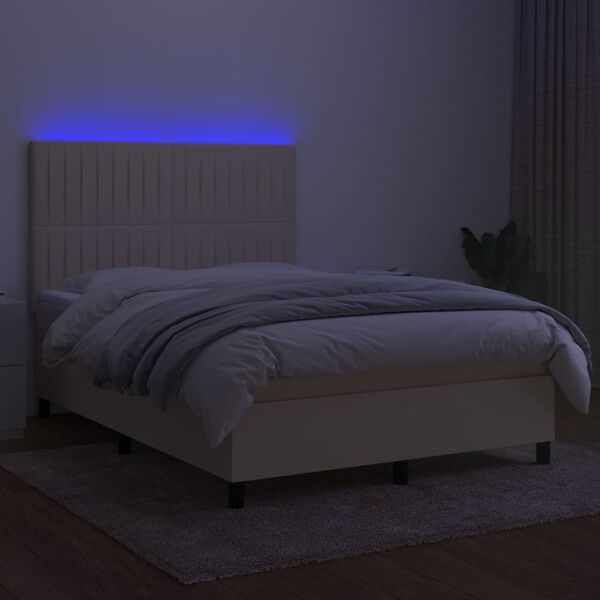 vidaXL Cama box spring c/ colch&atilde;o e LED 140x190 cm tecido cor creme