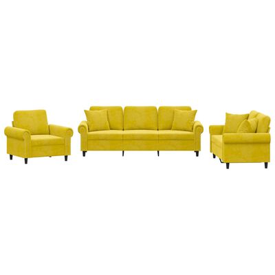 vidaXL 3 pcs conjunto de sofás com almofadas veludo amarelo
