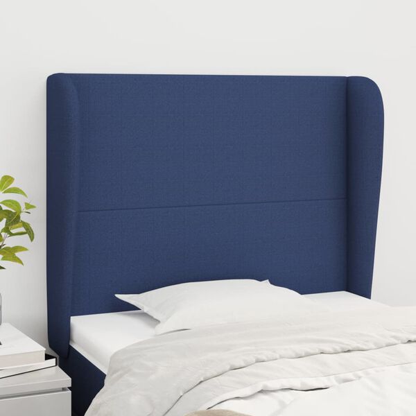 vidaXL Cabeceira de cama c/ abas tecido 93x23x118/128 cm azul