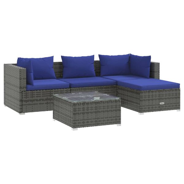 vidaXL 5 pcs conjunto lounge de jardim c/ almofad&otilde;es vime PE cinzento