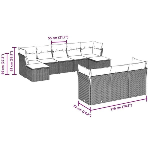 vidaXL 10 pcs conj. sof&aacute;s jardim com almofad&otilde;es vime PE cinzento-claro