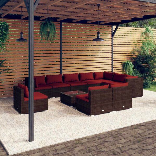 vidaXL 11 pcs conjunto lounge jardim c/ almofad&otilde;es vime PE castanho