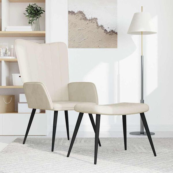 vidaXL Cadeira de descanso com banco veludo branco nata