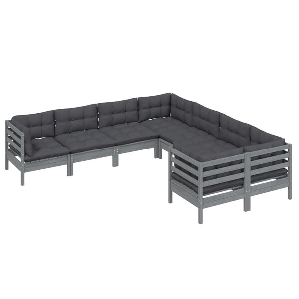 vidaXL 8 pcs conjunto lounge de jardim + almofad&otilde;es pinho maci&ccedil;o cinza