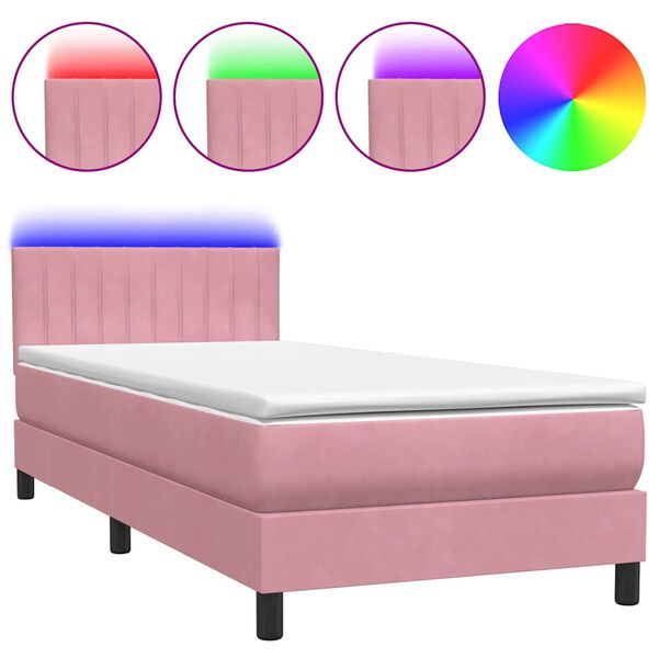 vidaXL Cama box spring c/ colch&atilde;o e LED rosa 90x210 cm veludo