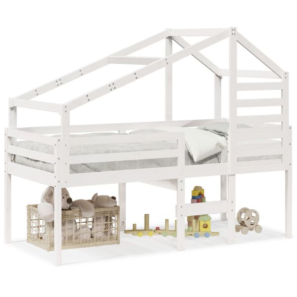 vidaXL Cama alta com telhado 90x200 cm pinho maci&ccedil;o branco
