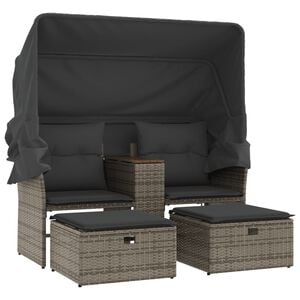 vidaXL Sof&aacute; de jardim de 2 lugares com toldo e bancos vime PE cinzento